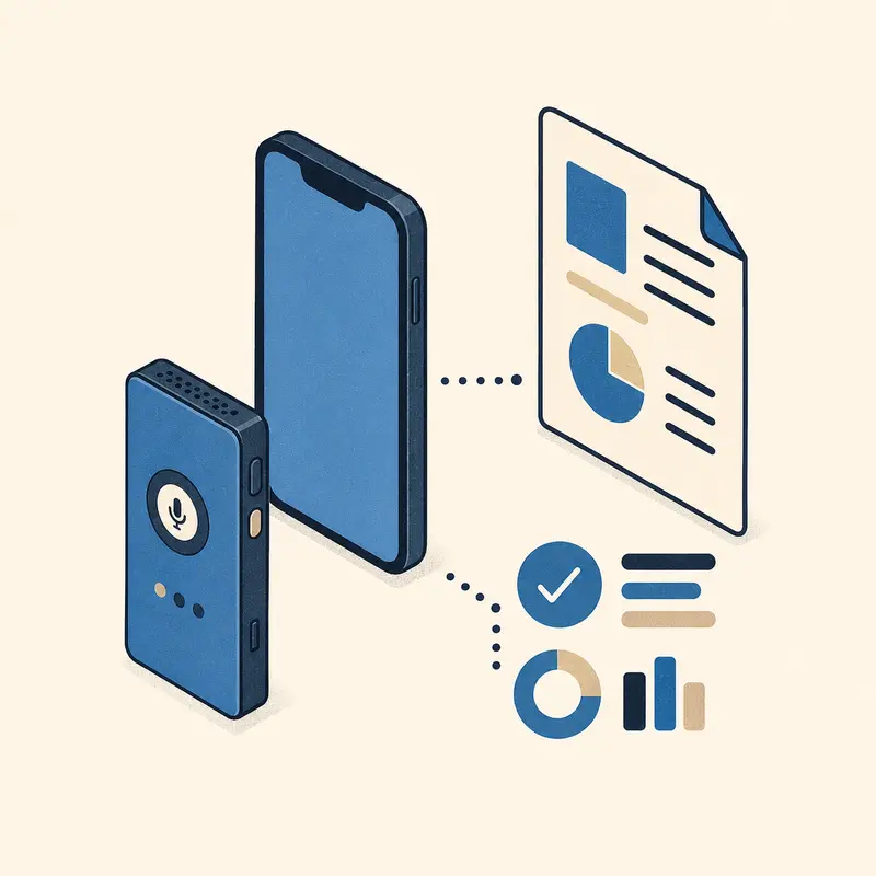 Stilisierte Grafik der Geräteklasse KI-Recorder mit App