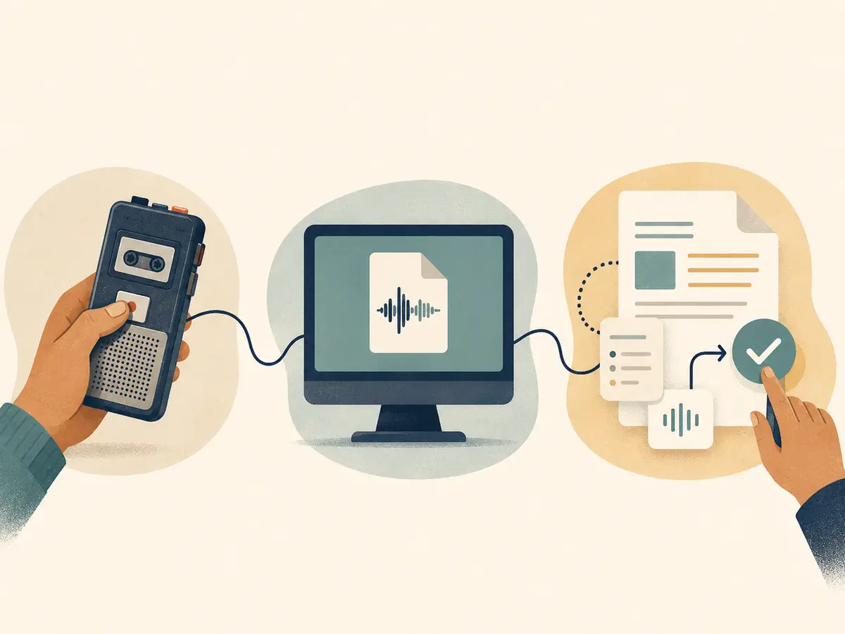 Illustration des Wegs vom älteren Recorder über die Audiodatei zum bearbeitbaren Text